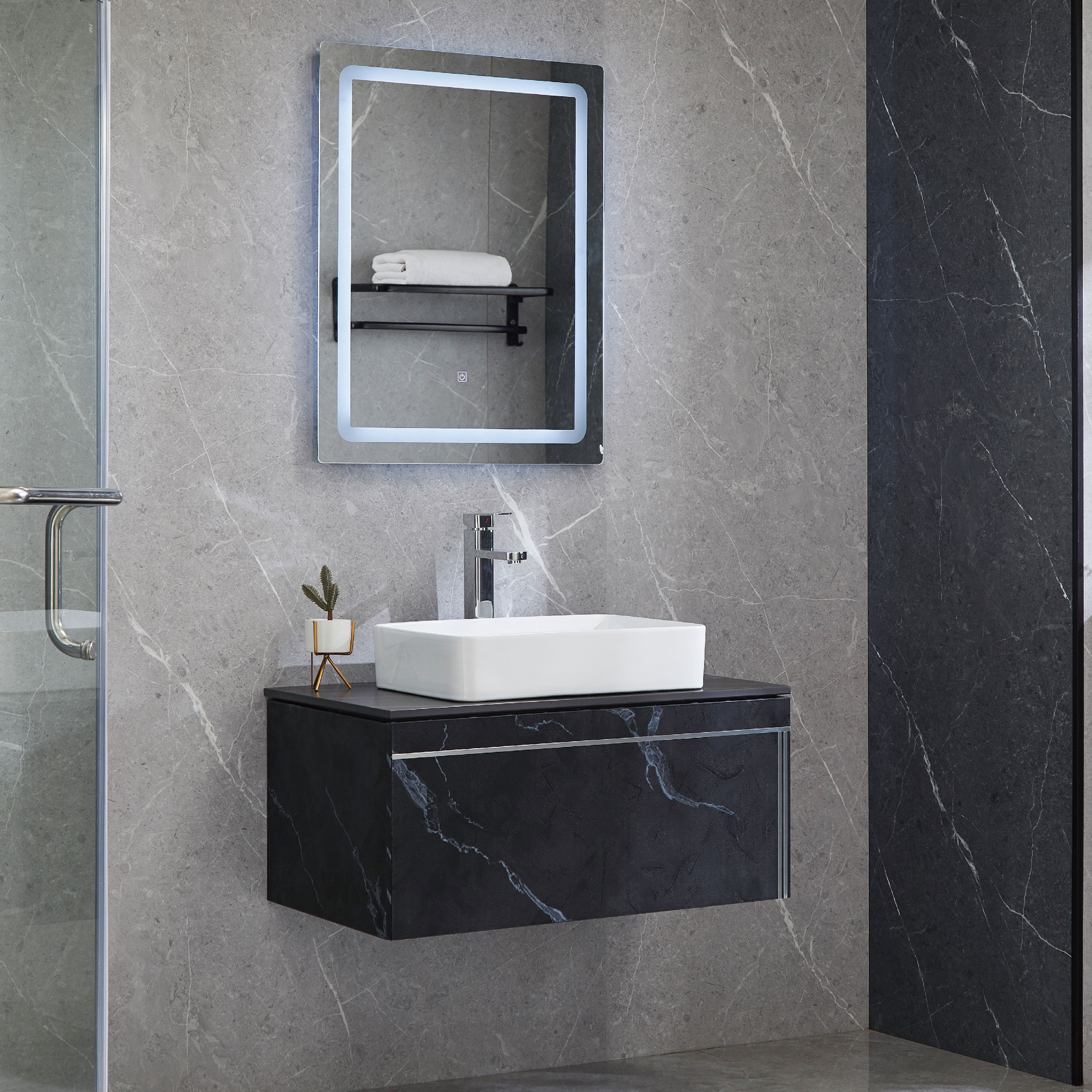 Bathroom Wall Mounted Vanity With Black Sintered Stone Top